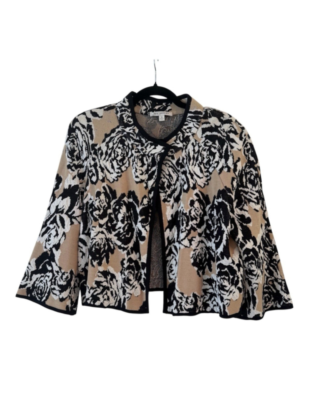 St. John Floral Santana Knit Cardigan Sweater Jacket 12 Open Front USA *Flawed